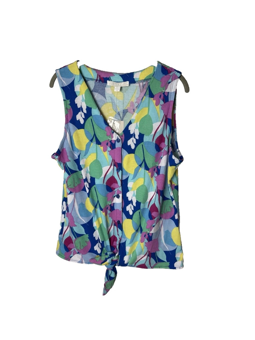 NEW Juniper + Lime Sleeveless Top Size Large Ribbed V-Neck Colorful Stretch